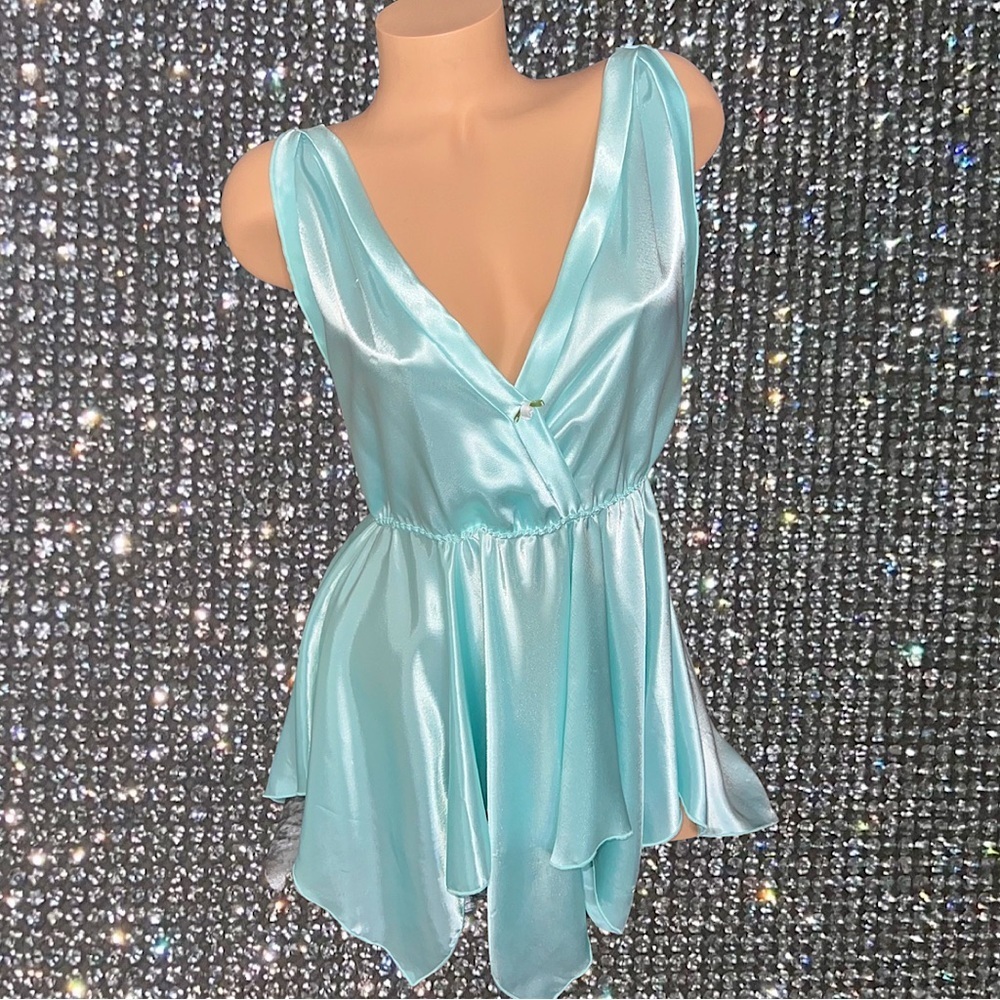 Fairy top tinker bell blue shiny metallic silky soft rose detail flower y2k 2000